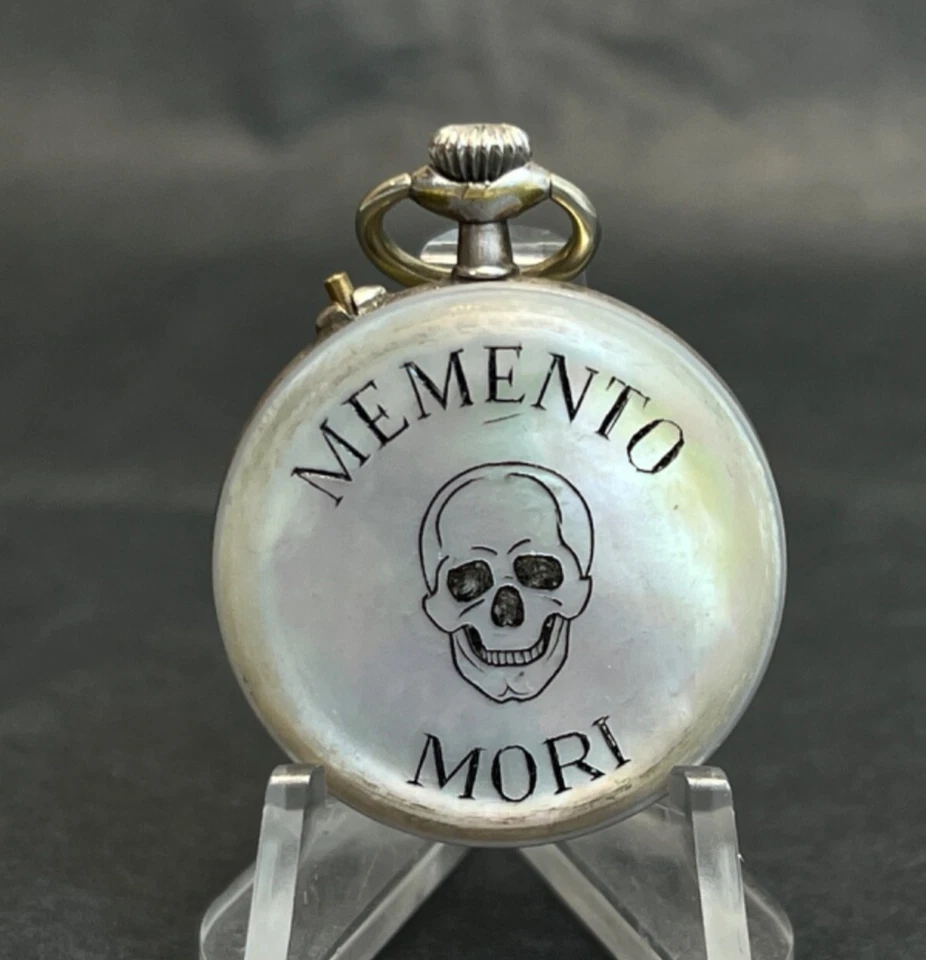 19c. Victorian Memento Mori Skull Small Pocket Watch Mother Of Pearl Case MOP - Image 2 of 4