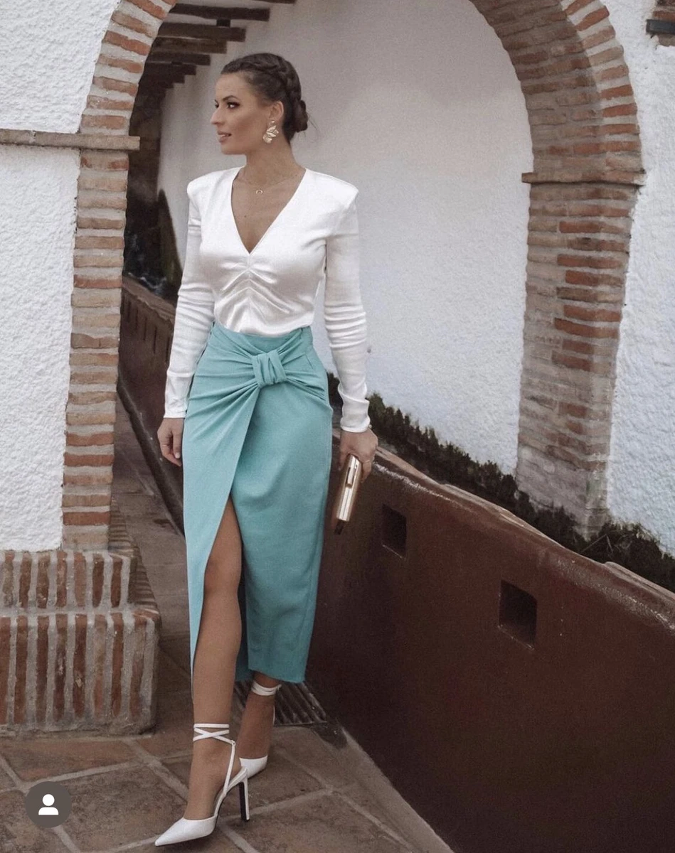 NWT_ZARA SS22 WOMAN HIGH WAISTED RUCHED MIDI SKIRT SEA GREEN | 9878/069_ XS-L