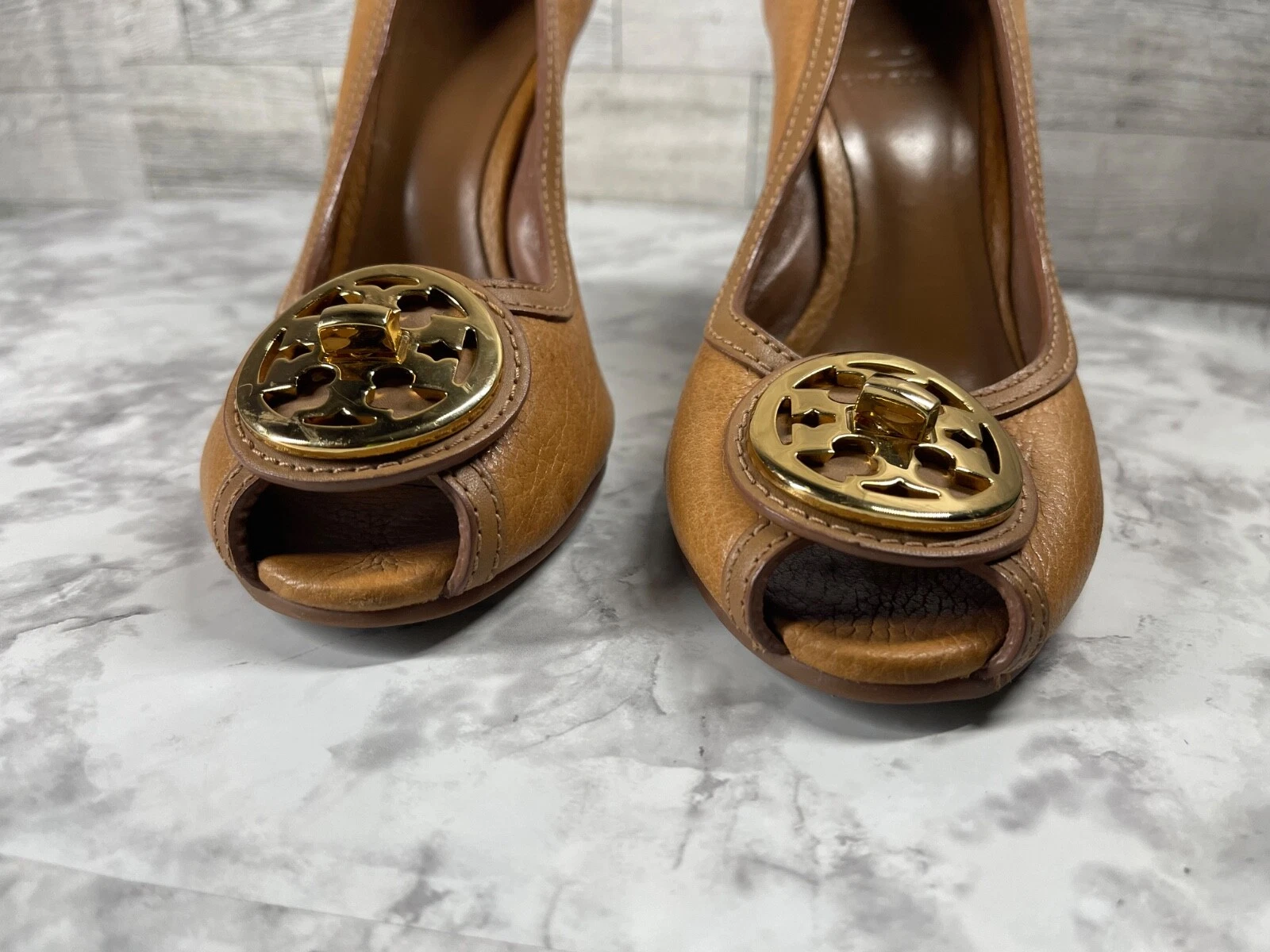 Scarpe Tory Burch tacco donna 7M Selma marrone oro pelle ciottoli zeppa punta aperta