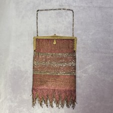 FRENCH Art Nouveau Steel Micro Beaded Fringed Purse w/ Chain PINK, GOLD  SILVER