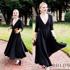 BHLDN Anthropologie Valdis Black Deep V Crepe 3/4 Sleeves Tea Length  Dress 4