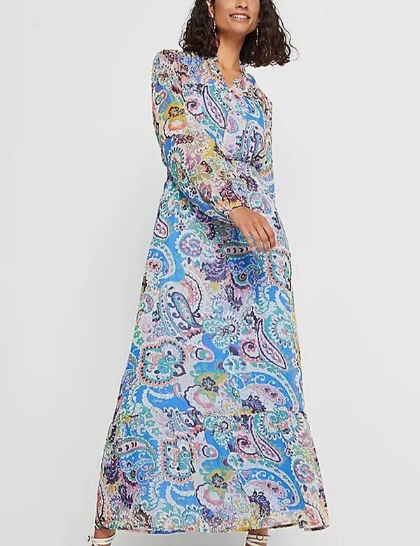 ZARA Blue Multi Paisley Print Midi Maxi Long Sleeve Chiffon