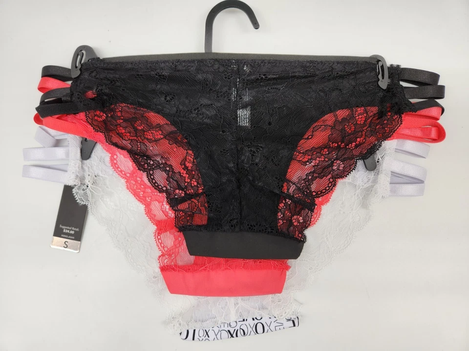 Paquete de 3 bragas descaradas de encaje trasero S M XOXO para mujer recortes laterales negro blanco coral Foto 2 de 4