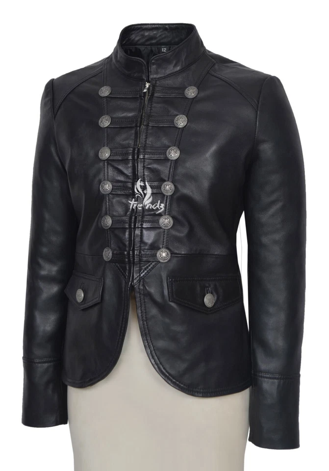 SCARLET Ladies Leather Jacket Black Studded Military Style Real Leather Jacket - Image 2 of 4