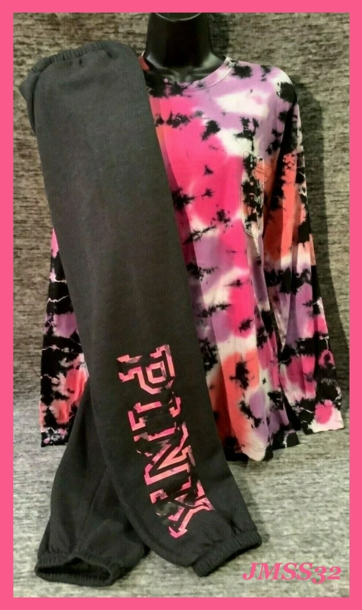 Victoria's Secret Pink Tie Dye Campus Tee Shirt + Pants Set Hot Poppy Gray  M NWT