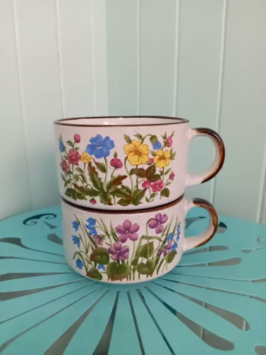 Lot of 2 Vintage Takahashi Floral Botanical French Onion Soup Mugs Stoneware