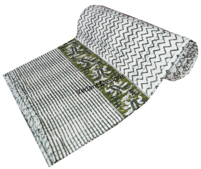 Hand Block Print Twin Lahriya Design Indian Handmade Kantha Quilt Throw Blanket