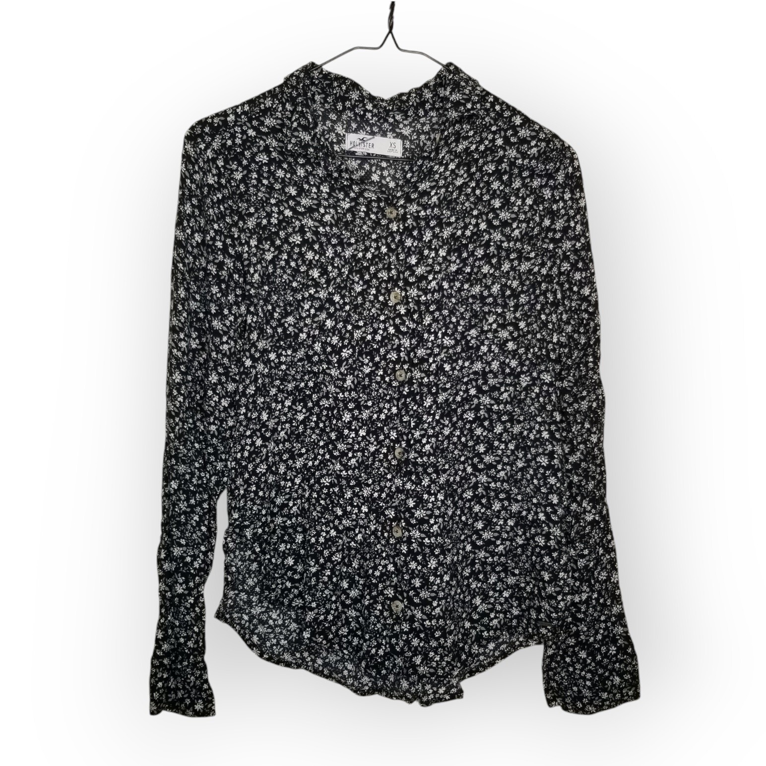 Hollister ditzy floral button up top black white long sleeves women's XS