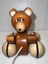 FAO Swartz Teddy Bear Wooden Brown  Pull Toy EUC