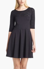 French Connection ~ Black Sheer Stripe Bodice 3/4 Sleeve Flare Dress 2 NEW $168
