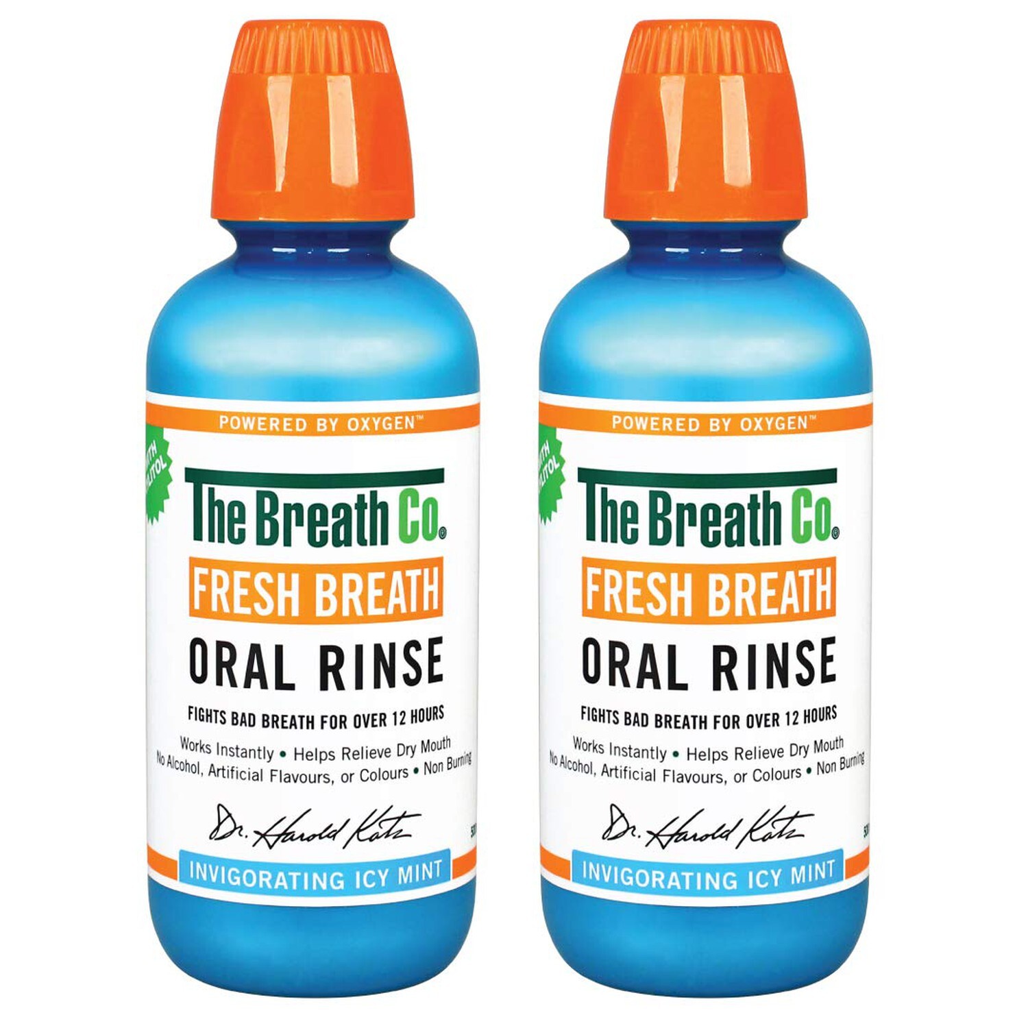 The Breath Co Fresh Breath Oral Rinse Icy Mint Alcohol Free Mouthwash 2 x 500ml
