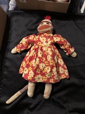 Vintage Handmade Adorable Sock Monkey With Handmade Red Floral Dress 20  