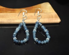 Blue Sapphire Beaded Round Dangle Earrings, Blue Faceted Sterling Silver Hooks