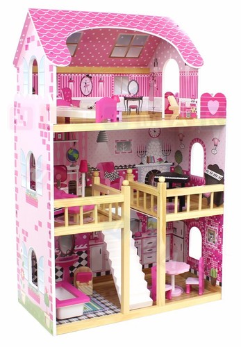 XXL Hölzern Großes Puppenhaus Landhaus Dollhouse + Möbel 90x60x30 cm NEU HOLZ