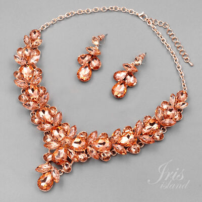 ROSE GOLD Plated Peach Crystal Necklace Earrings Jewelry Set 08239 Pageant  Prom