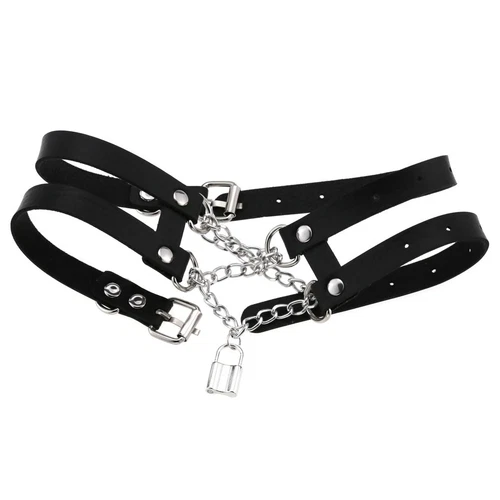 Double Belt Punk Choker with Cross Chain Lock Pendant Gothic Collar - Picture 4 of 37