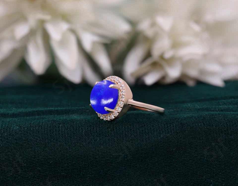 Anel de noivado redondo azul lápis-lazúli 925 prata 14K folheado a ouro rosa halo - Imagem 4 de 4