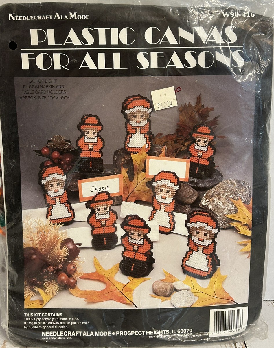 Vtg Needlecraft Ala Mode Plastic Canvas Kit-8/Pilgrim Napkin/Table