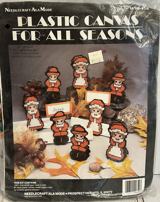 Vtg Needlecraft Ala Mode Plastic Canvas Kit-8/Pilgrim Napkin/Table Card Holders