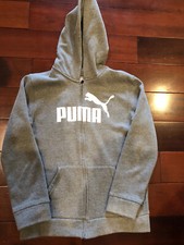 PUMA Boys Full Zip Fleece Sweatshirt Hoodie Gray White Size Large w/ pockets EUC