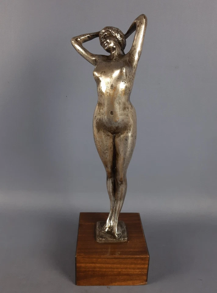 Statua Donna Bronzo Argentato Base Legno Design Classico Italia Vintage Anni ‘60 - Immagine 2 di 4