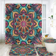 Boho Mandala Bathroom Set, 4-Piece with Shower Curtain 71X71, Bath Mat, Contour
