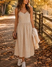 Old Navy Gingham Midi Dress Beige White Cotton Cottagecore Sundress Small S