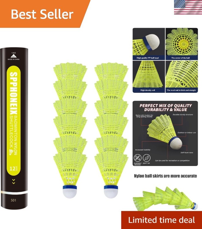12-Pack High-Speed Badminton Birdies - Durable Nylon & Bright Yellow Visibility
