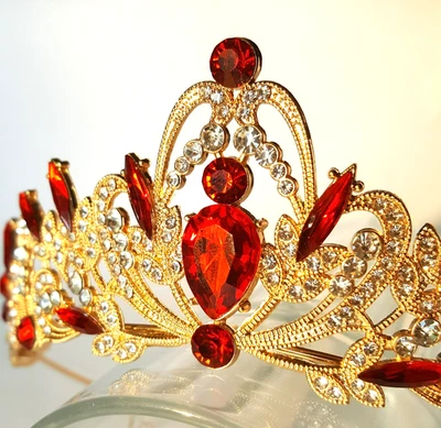 MARKENLOS Krone Gold Strass rot Steine Königin König Prinzessin Prinz Diadem Haarreif
