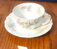 J.P.L. Limoges France Porcelain Tea Cup  Saucer Floral White Gold Trim 2pc 6oz