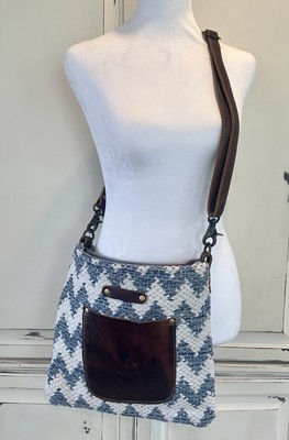 Myra Bag Chevron Supple Upcycled Canvas Rug Leather Shoulder Crossbody Purse 