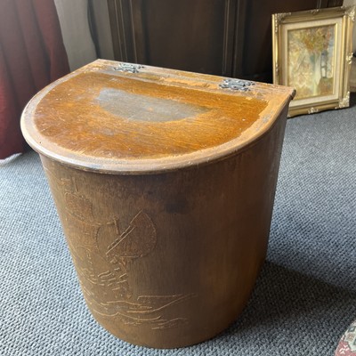 VINTAGE HOLZ AUFBEWAHRUNGSBOX D-FORM MIT FURNIERTEM SCHIFF DESIGN UND AUFBEWAHRUNGSABLAGE  