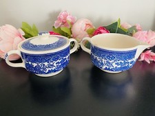 Vintage Blue Willow Creamer  Covered Sugar Bowl Unmarked