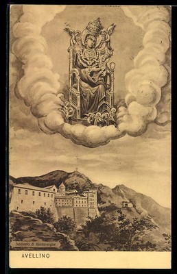 AK Avellino, Santuario di Montevergine con immagine della Madonna su nuvole 