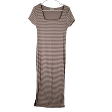Faded Rose Midi Shirt Dress Womens Large Tan White Strip Side Slit Classic