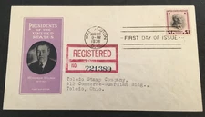PRESIDENTIAL SERIES FDC #832 registered cover 1938 Woodrow Wilson cachet