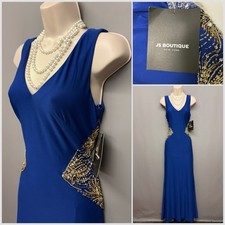 NEW JS BOUTIQUE New York Cobalt Blue & Gold Beaded Occasion Dress UK 8 EUR 36