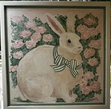 Original Oil Painting On Board Bunny Rabbit Pink Roses Country By Susan Smith