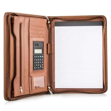 Leather Portfolio Binder Folder Organizer with Zipper, Calculator, Writing Pad