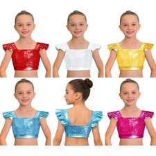 Kids Girls Crop Top Square Collar Tops Rumba T-shirt Tees Jazz Dance Sparkling