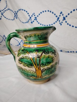 Vtg Spanish Spain Pitcher Hand Painted Bird Trees Green 7'' Puente Del Arzobispo