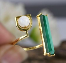 Gold tone ring with Malachite and moonstone silver double stone adjustable ring