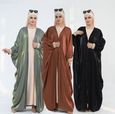 Islamic Satin Kimono Open Abaya Dubai Turkey Robe Eid Muslim Women's Dress Maxi