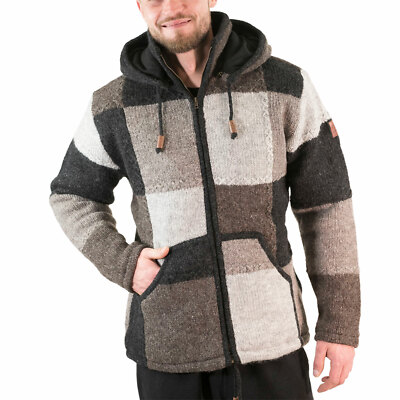 Herren Strickjacke Patchwork Wolle Jacke Kapuze Hippie Goa