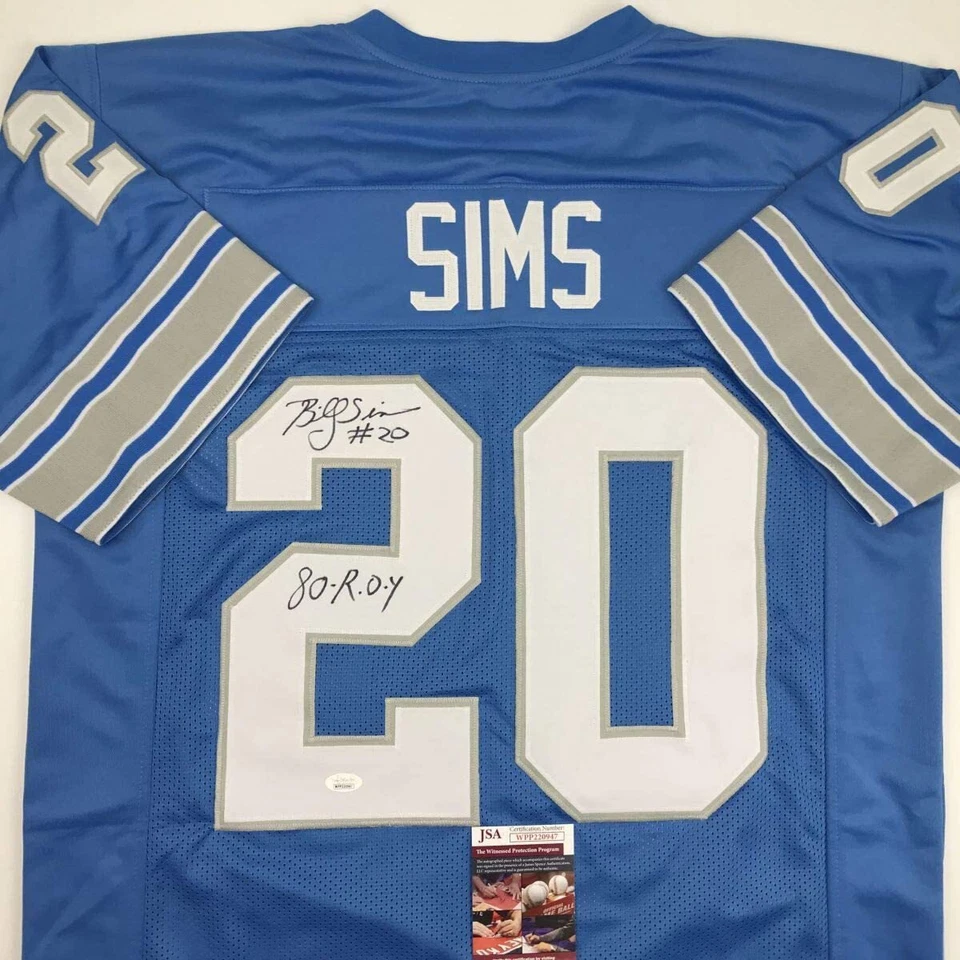 Camiseta de fútbol americano azul de Detroit autografiada/firmada de Billy Sims 80 ROY certificado de autenticidad JSA Foto 2 de 4