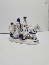 ROYAL HORSE-DRAWN CARRIAGE FIGURINE -ARTMARK -LADY & GENT W/DRIVER- BLUE & WHITE