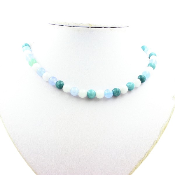 Edelsteine Und Mineralien. Aquamarin Perlen Halskette 8 Mm Edelstahl Kette-image
