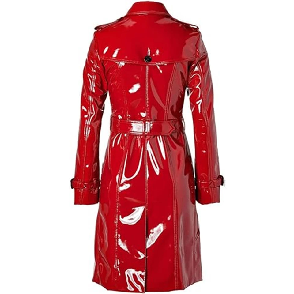 Abrigo impermeable ligero brillante de cuero PVC rojo para mujer elegante gabardina Foto 2 de 4