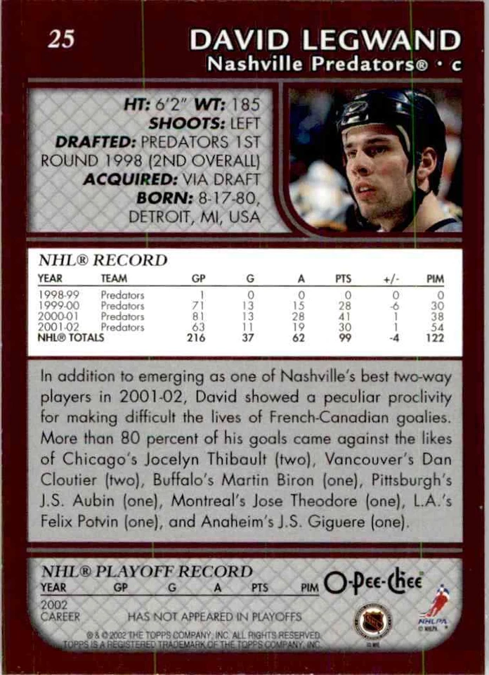 2002-03 O-Pee-Chee David Legwand #25 - Image 2 of 2