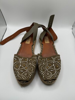 Valentino Green Suede Studded Ankle Strap Platform Espadrilles